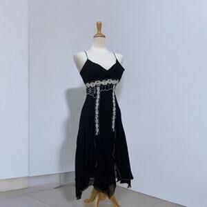 Karen Millen Black Midi Dress with White Lace Detail